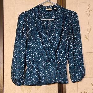 Eva Mendes Blue Puff Sleeve Wrap Blouse